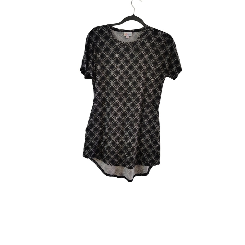 LuLaRoe Irma Tunic Top Womens Small Black White Geometric Diamond High Low Hem